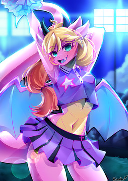 anthro blonde_hair bottomwear breasts cheerleader cheerleader_outfit clothed clothing clothing_lift fangs female hair hands_behind_head looking_at_viewer medium_breasts midriff navel non-mammal_breasts non-mammal_hair non-mammal_navel open_mouth pom_poms scales skirt skirt_lift solo stadium tail teeth thick_thighs ventral_scales wings kurokey mythology lily_(lily960) dragon mythological_creature mythological_scalie scalie absurd_res hi_res