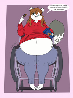 anthro belly big_breasts breasts cleavage clothed clothing disability female huge_breasts navel overweight solo text thick_thighs vehicle weight_gain wheelchair wide_hips thaliaglacyswells felid feline mammal pantherine snow_leopard 3:4 english_text hi_res