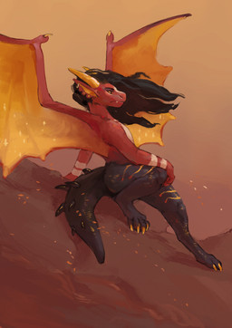 ambiguous_gender anthro black_body black_hair black_scales claws ear_piercing ear_ring embers flowing_hair hair hand_on_ground hand_on_knee hand_on_leg horn looking_forward markings membrane_(anatomy) membranous_wings piercing red_body red_scales ring_piercing scale_markings scales sitting solo spiked_tail spikes spikes_(anatomy) spread_wings tail wings yellow_claws yellow_sclera babanasaur mythology snappakappa dragon mythological_creature mythological_scalie scalie 2021 digital_media_(artwork) hi_res