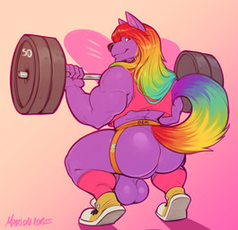 anthro backsack balls barazoku barbell big_balls big_muscles bodily_fluids butt clothing exercise footwear fur genitals hair heart_symbol huge_balls jockstrap legwear long_hair looking_at_viewer male multicolored_hair multicolored_tail muscular muscular_anthro muscular_male purple_body purple_fur rainbow_hair rainbow_tail saggy_balls shirt shoes simple_background smile socks solo squats sweat tail tank_top topwear underwear weightlifting workout marlon.cores joshua_(joshu_fox) canid canine fox mammal 2020 absurd_res hi_res signature