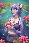 5_fingers anthro bikini bikini_bottom bikini_top blue_body blue_clothing blue_eyes blue_hair blue_spots breasts chest_tuft clothing detailed_background female fingers flower flower_in_hand fur grey_body grey_fur hair long_hair lotus_(flower) markings partially_submerged plant solo spots spotted_body spotted_fur swimwear tail tuft two-piece_swimsuit water white_body white_fur maritola microsoft the_elder_scrolls m'ria_(maks_hunt) felid feline khajiit leopard mammal pantherine snow_leopard