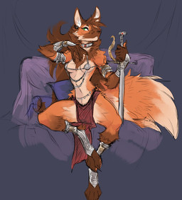 5_fingers anthro biped breasts brown_hair claws countershade_fur countershade_torso countershading dipstick_tail ear_piercing ear_ring female fingers fluffy fluffy_tail fur green_eyes hair inner_ear_fluff markings melee_weapon orange_body orange_fur paws piercing ring_piercing solo sword tail tail_markings tuft weapon guoh jam_(artist) folfina_(jam) canid canine canis fox hybrid mammal wolf artist_collaboration trans_(lore) trans_woman_(lore)