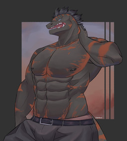 abs anthro belt black_nipples blue_eyes bottomwear clothed clothing grey_body male markings muscular muscular_anthro muscular_male nipples orange_markings pants pecs solo tail text topless topless_anthro topless_male vveebuu echo_(game) echo_(series) echo_project flynn_moore gila_monster helodermatid lizard reptile scalie absurd_res artist_name hi_res