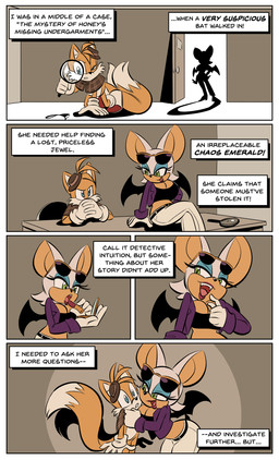 5_panel_comic age_difference anthro applying_lipstick applying_makeup bat_wings belt belt_buckle black_clothing black_topwear black_tube_top blue_eyes blue_eyeshadow bottomwear breasts buckle cleavage clothed clothing detective duo eyeshadow eyewear eyewear_on_head female footwear gloves green_eyes handwear hat headgear headwear high_heels jacket lipstick magnifying_glass makeup male male/female membrane_(anatomy) membranous_wings older_female pants personal_grooming purple_clothing purple_jacket purple_topwear red_lipstick shoes sunglasses sunglasses_on_head tail text topwear tube_top white_bottomwear white_clothing white_pants wings younger_male glassfish sega sonic_the_hedgehog_(series) the_murder_of_sonic_the_hedgehog miles_prower rouge_the_bat bat canid canine fox mammal absurd_res comic english_text hi_res