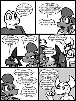 2_horns anthro blush breasts casual_nudity cleavage clothed clothing cute_fangs dialogue embarrassed embarrassing_nudity fangs female frown furniture grin group horn looking_at_another male medium_breasts nervous nipples sharp_teeth shirt sitting smile smirk speech_bubble table teeth text topwear wings ultilix european_mythology mythology caspar_(ultilix) emerald_(ultilix) ruby_(ultilix) to-be-named-later amphibian demon dragon frog mythological_creature mythological_scalie scalie western_dragon 2025 comic english_text greyscale monochrome multiple_scenes brother_(lore) brother_and_sister_(lore) sibling_(lore) sister_(lore)