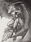 anthro blade claws eyeless fur horn tail weapon wings cu_sith_(artist) mythology dragon mythological_creature mythological_scalie scalie absurd_res black_and_white hi_res monochrome traditional_media_(artwork)