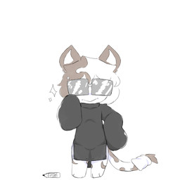 ambiguous_gender anthro bandage bandaged_tail chibi clothing eyewear glasses hair marker rectangular_glasses short_hair smug_grin solo sparkles wearing_glasses spookicookiebox zina_(spookicookiebox) calico_cat domestic_cat felid feline felis mammal 1:1 colored sketch