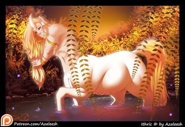 5_fingers animal_genitalia armlet bath bathing black_border black_sclera blonde_hair border bracelet casual_nudity curved_horn depth_of_field detailed_background ear_piercing eyebrows facial_hair fingernails fingers fully_sheathed fur genitals goatee gold_(metal) grin hair hand_in_hair happy holding_hair horn humanoid_hands jewelry leaf leaning leaning_forward lips long_hair long_tail looking_aside looking_at_viewer male muscular muscular_male muscular_taur nails nature nipples nude outside partially_submerged patreon_logo pecs perspective piercing plant pond pubes quadruped red_eyes serratus sheath short_fur shrub side_view sky smile solo standing tail tan_body tan_skin teeth text touching_hair water wet wet_hair white_body white_fur white_horn yellow_tail azaleesh european_mythology greek_mythology mythology patreon ithric centaur equid equid_taur equine humanoid_taur mammal mammal_taur mythological_creature mythological_equine taur unicorn color_contrast detailed digital_media_(artwork) portrait shaded signature soft_shading three-quarter_portrait url