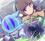 brown_hair clothing duo earmuffs electricity female gloves hair handwear long_hair purple_eyes scarf toyuri_angrm bandai_namco digimon digimon_ghost_game jellymon_(ghost_game) ruri_tsukiyono digimon_(species) human humanoid mammal teslajellymon absurd_res hi_res