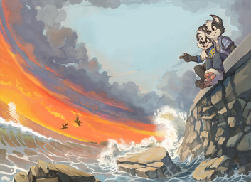anthro beach bottomwear clothing cloud detailed_background duo gesture hand_gesture male male/male no_shoes pants pointing rock romantic romantic_couple shorts sitting smile sunset topwear water pandapaco parinton roni_(imroni) bear border_collie canid canine canis collie domestic_dog giant_panda herding_dog mammal pastoral_dog sheepdog digital_drawing_(artwork) digital_media_(artwork) signature