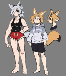 animal_ears barefoot black_bottomwear black_clothing black_shirt black_shorts black_tail_tip black_tank_top black_topwear blonde_eyebrows blonde_hair bottomwear breasts cleavage clothed clothed_female clothed_humanoid clothed_male clothing collarbone dipstick_tail eye_patch eye_scar eyebrow_through_hair eyebrows eyewear facial_scar feet female female_humanoid fingers front_view grey_background grey_clothing grey_ears grey_hair grey_hoodie grey_topwear hair hair_bun hand_on_hip hoodie human_and_animal_ears inner_ear_fluff larger_female light_body light_skin male male_humanoid markings mouth_closed multi_ear narrowed_eyes one_eye_obstructed red_bottomwear red_clothing red_shorts scar shirt shorts side_view simple_background size_difference smaller_male solo standing tail tail_markings tank_top toes topwear translucent translucent_hair tuft white_inner_ear_fluff yellow_ears yellow_tail derpyfox_36 felix_(derpyfox_36) yukio_(derpyfox_36) animal_humanoid canid canid_humanoid canine canine_humanoid fennec_humanoid fox_humanoid humanoid mammal mammal_humanoid wolf_humanoid 2023 digital_drawing_(artwork) digital_media_(artwork) full-length_portrait portrait