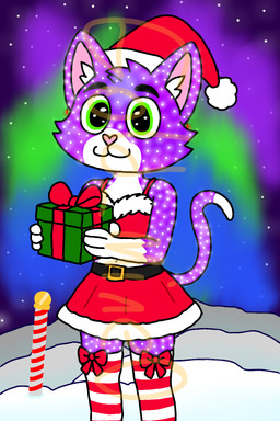 anthro aurora_(phenomenon) barely_visible_navel bottomwear bow_tie box buckle christmas_clothing christmas_headwear clothing container crop_top dipstick_tail fur gift gift_box gift_wrapped glowing gradient_fur green_eyes hat headgear headwear heart_nose heart_symbol holding_gift holding_object holidays inner_ear_fluff legwear looking_at_viewer male markings multicolored_clothing multicolored_legwear multicolored_thigh_highs navel night pattern_clothing pattern_legwear pink_nose purple_body purple_fur red_bow_tie santa_hat shirt skirt smile smiling_at_viewer snow solo spaghetti_strap sparkles sparkling_eyes standing star striped_clothing striped_legwear stripes tail tail_markings thigh_highs topwear tuft white_body white_fur white_hands white_tail_tip young young_anthro young_male gold_mine0 christmas nova_(gold_mine0) domestic_cat felid feline felis mammal 2:3 hi_res