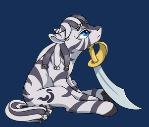 accessory blue_eyes bored dreadlocks feral grey_body hair_accessory hair_tie hooves male mane melee_weapon sitting solo stripes sword weapon ashley-arctic-fox hasbro my_little_pony ruzeth equid equine mammal zebra alpha_channel
