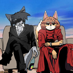 anthro bottle brown_hair business_suit clothing container countershading dipstick_ears ear_markings eyebrows female fluffy fluffy_tail fur furniture grey_body grey_fur hair multicolored_ears parody robe sofa solo suit tail white_eyebrows anonymous_artist bully_fox 1:1