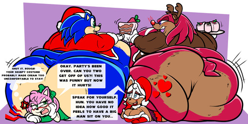 annoyed anthro aroused back_wings belly big_butt blue_body blue_butt blue_eyes blue_fur blush brown_body brown_butt brown_fur butt cake christmas_clothing christmas_headwear clothed clothed_anthro clothed_female clothing dessert dialogue dreadlocks dress eyelashes female floating_heart food fully_clothed fully_clothed_anthro fully_clothed_female fur gloves green_bow green_clothing green_dress green_eyes group handwear hat headgear headwear heart_symbol holidays huge_butt immobile lipstick makeup male male/female morbidly_obese morbidly_obese_anthro morbidly_obese_male multicolored_body multicolored_fur obese obese_anthro obese_male overweight overweight_anthro overweight_male partially_clothed_anthro partially_clothed_male pink_body pink_fur quills_(anatomy) red_body red_butt red_fur red_nose reindeer_antlers reindeer_costume santa_hat sitting sitting_on_another speech_bubble tan_arms tan_belly tan_butt text thought thought_bubble thoughts white_clothing white_gloves white_handwear wings floofyboyetime christmas sega sonic_the_hedgehog_(series) amy_rose knuckles_the_echidna rouge_the_bat sonic_the_hedgehog bat echidna eulipotyphlan hedgehog mammal monotreme 2022 colored comic english_text hi_res