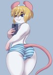 anthro big_butt blonde_hair blue_clothing blue_eyes blue_underwear blush buckteeth bulge bulge_from_behind butt cellphone clothed clothing electronics femboy fur gloves_(marking) hair holding_cellphone holding_object holding_phone holding_smartphone looking_down male markings pattern_clothing pattern_underwear phone pink_body pink_fur pink_inner_ear pink_nose pupils rear_view smartphone smile solo striped_clothing striped_underwear stripes teeth thick_thighs topless underwear whiskers white_body white_fur wide_hips mr-shin marvin_(mr-shin) mammal mouse murid murine rodent 2023 hi_res