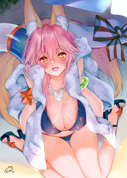 alternative_fashion bangle beach big_breasts bikini bird's-eye_view blush bracelet breasts cleavage clothed clothing cute_fangs day detailed_background fangs female footwear fur glistening glistening_body glistening_breasts glistening_skin gyaru hair high-angle_view high_heels inner_ear_fluff j-fashion jewelry light_body light_skin long_hair looking_at_viewer necklace open_mouth open_smile orange_body orange_fur outside pink_hair pool_toy sand seaside shoes sitting smile solo swim_ring swimwear teeth towel tuft two-piece_swimsuit wet yellow_eyes obiwan_(artist) fate_(series) type-moon caster_tamamo-no-mae animal_humanoid canid canid_humanoid canine canine_humanoid fox_humanoid humanoid mammal mammal_humanoid hi_res