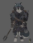 anthro armor belt biped bone bracers claw_marks clothed clothing fully_clothed gloves grey_background handwear headgear helmet mace male melee_weapon pauldron simple_background skull solo standing weapon wolfdawg canid canine canis mammal wolf 2017 hi_res