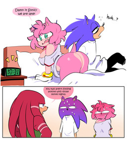 anthro bed bed_sheet bedding big_butt biped blush bodily_fluids bottomless bottomless_anthro bottomless_female breasts butt clothed clothing female furniture gloves group hair handwear male nervous nervous_sweat pillow pink_body pink_hair red_body sweat text thick_thighs trio waking_up quavernsfw sega sonic_the_hedgehog_(series) amy_rose knuckles_the_echidna sonic_the_hedgehog echidna eulipotyphlan hedgehog mammal monotreme comic english_text hi_res