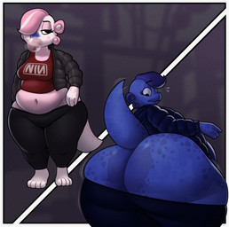 big_butt blueberry_inflation bottomwear butt butt_expansion clothing expansion female food huge_butt huge_thighs hyper hyper_butt inflation looking_at_own_butt solo swelling thick_thighs thigh_expansion topwear waffle chipchell kobold scalie 2026 hi_res