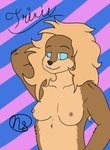 anthro areola arm_tuft black_nose blonde_hair blue_eyes breasts brown_body brown_fur casual_nudity collarbone elbow_tuft female fur hair hand_behind_head long_hair multicolored_body multicolored_fur nipples no_pupils nude pattern_background pink_nipples shoulder_tuft simple_background smile solo striped_background tan_body tan_fur text tuft demitri_art trixie_(jay_naylor) canid canine canis domestic_dog mammal absurd_res half-length_portrait hi_res portrait signature