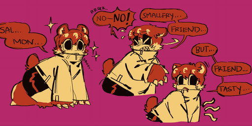 ambiguous_anthro ambiguous_gender animal_behavior anthro baby_talk big_pupils black_bottomwear black_clothing black_eyelids black_shorts bodily_fluids bottomwear brown_body brown_fur brown_hair brown_tail claw_fingers clothing coat crawling dialogue drooling emanata fur growling hair hands_on_ground hotpants hungry instinct kneeling leg_tuft long_sleeves motion_lines multiple_expressions multiple_poses onomatopoeia partial_fur pose pupils raincoat resisting_urge round_ears saliva scut_tail shaking_head sharp_teeth short_tail shorts side_view simple_background slightly_chubby slightly_chubby_ambiguous slightly_chubby_anthro solo sound_effects speech_bubble stare sweat_emanata sweater tail talking_to_self teeth temptation text topwear tuft turtleneck white_hair_tips serafphim nintendo splatoon charlie_(serafphim) animal_humanoid bear humanoid mammal mammal_humanoid ursid_humanoid 2026 english_text hi_res partially_colored sketch sketch_page male_(lore)