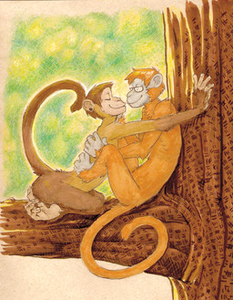 anthro anthro_on_anthro branch brown_body brown_fur duo ear_piercing eyewear facial_hair feet feral fur glasses hindpaw hug in_tree kneeling male male/male nude on_branch orange_body orange_fur outside paws piercing plant prehensile_feet romantic romantic_couple sitting stubble toes tree unknown_artist haplorhine mammal monkey primate 2011 source_request traditional_media_(artwork)