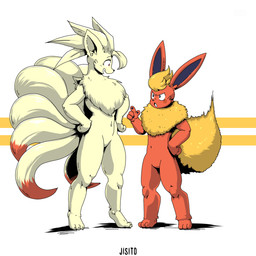9_tails ambiguous_gender angry anthro black_eyes blonde_hair blush blush_stickers dipstick_tail duo eyelashes featureless_crotch fur gesture hair hand_gesture hands_on_hips markings multi_tail neck_tuft orange_body orange_fur pointing pointing_at_another pokemorph red_eyes smile tail tail_markings tuft yellow_body yellow_fur jisito nintendo pokemon eeveelution flareon generation_1_pokemon ninetales pokemon_(species) 1:1 hi_res