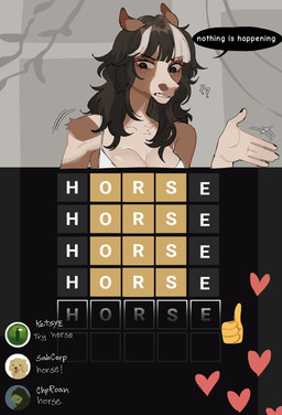 5_fingers anthro biped black_eyes black_hair breasts brown_body brown_fur clothed clothed_anthro clothed_female clothing dialogue female fingers front_view fur hair solo speech_bubble teeth text topwear raccoattack wordle equid equine horse mammal 2025 digital_drawing_(artwork) digital_media_(artwork) english_text hi_res