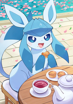 ambiguous_gender beverage blue_body blue_eyes blue_fur blush chair container cup eating eating_food feral food fur furniture happy holding_food holding_object looking_at_viewer on_chair open_mouth outside paws petals quadruped sitting sitting_on_chair solo table tail tea tea_cup teapot komanyachi nintendo pokemon eeveelution generation_4_pokemon glaceon pokemon_(species) 2025 absurd_res hi_res watermark