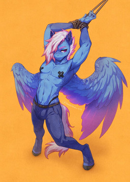 anthro bottomwear bound clothed clothing crotch_tuft feathered_wings feathers fingers freckled_ears freckled_face freckled_hips freckles fur hair hair_over_eyes hands_tied hooves jockstrap looking_at_viewer male nipple_tape pants pasties pecs rope simple_background soft_abs solo standing tail tape thong_straps topless topless_anthro topless_male tuft underwear ventral_groove wings hauringu hasbro my_little_pony mythology equid equine mammal mythological_creature mythological_equine pegasus 2026 digital_media_(artwork) hi_res