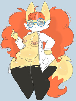 ahoge anthro band-aid band-aid_on_nipple bandage belly big_breasts black_clothing black_legwear blue_eyewear blue_glasses breasts clothing coat eyewear female fur genitals glasses glistening glistening_body glistening_fur grey_background hair huge_hips legwear looking_at_viewer mostly_nude navel orange_hair pokemorph round_glasses scientist simple_background solo standing tail thick_thighs topwear torn_clothing torn_legwear vulva white_body white_clothing white_coat white_fur white_topwear wide_hips yellow_body yellow_fur cottonwaffle nintendo pokemon fennekin generation_6_pokemon pokemon_(species) 3:4
