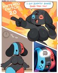 anthro big_breasts blank_expression blank_stare bragging breast_envy breasts clock duo female gesture hand_gesture huge_breasts internal_screaming internally_seething pointing shocked wide_hips colarix nintendo nintendo_switch nintendo_switch_2 switch_dog switch_dog_2 canid canine canis domestic_dog mammal absurd_res hi_res