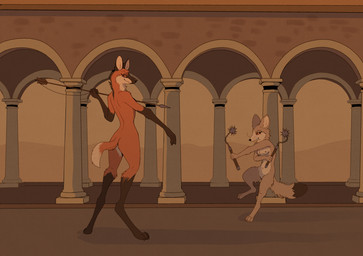 anthro arena black_socks_(marking) black_tail_tip dipstick_tail duo eyeliner female female/female fight flail fur gloves_(marking) makeup markings melee_weapon nude orange_body orange_fur polearm size_difference spear tail tail_markings tan_body tan_fur weapon white_tail_tip garbagegarage canid canine fennec_fox fox mammal maned_wolf true_fox hi_res