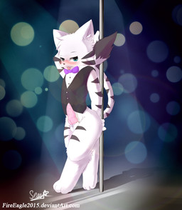 3_toes 4_fingers anthro balls barefoot biped black_body black_fur black_nose blue_eyes blush bottomless bow_(feature) bow_tie butler clothed clothing dancing digitigrade erection feet fingers fur genitals heart_symbol holding_fixture inner_ear_fluff lens_flare looking_at_viewer male penis pole raised_tail solo spotlight standing stripes tail toes tongue tongue_out topwear tuft vest white_body white_fur senz domestic_cat felid feline felis mammal 2017 full-length_portrait hi_res portrait