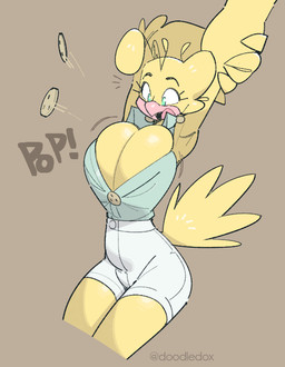 5_fingers anthro beak big_breasts bottomwear bouncing_breasts breast_squish breasts button_(fastener) button_pop cleavage clothed clothing collared_shirt crossed_arms curvy_figure dress_shirt ear_piercing eyelashes feather_hair feather_hands feathers female fingers green_eyes hands_behind_head holding_arm huge_breasts mature_female motion_lines no_bra onomatopoeia piercing pseudo_hair shirt shirt_tucked_in shocked shorts simple_background sleeveless_shirt solo sound_effects squish stretching surprised tail tail_feathers teal_clothing teal_shirt teal_topwear text tight_clothing tongue topwear wardrobe_malfunction wide_hips yellow_body yellow_feathers doodledox dee_(doodledox) avian bird canary finch oscine passerine 2025 colored english_text portrait shaded signature three-quarter_portrait