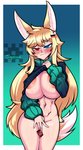 abs animal_humanoid areola athletic big_areola big_breasts blonde_hair blue_eyes blush bodily_fluids breasts canid canid_humanoid canine canine_humanoid clothing colored condom female fox_humanoid fox_tail genital_fluids hair heterochromia hi_res huge_breasts human humanoid isabelle_(spitfire420007) joeydrawss long_hair looking_at_viewer mammal mammal_humanoid red_eyes sexual_barrier_device simple_background solo sweater topwear vaginal_fluids