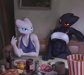 4_fingers anthro arm_on_table big_breasts biped black_body black_eyebrows black_eyes black_fur black_nose blue_claws blue_clothing blue_dress blue_sclera bottomless bra bra_only bread bread_loaf bread_slice breasts bucket_of_chicken butter chicken_wings cigarette claws clothed clothing container convenient_censorship cucumber cup curtains dairy_products date dress duo elbow_on_table eyebrows female fingers food fruit fur furniture glowing glowing_eyes grey_eyebrows ham_(food) hand_on_table handpaw holding_arm holding_cigarette holding_object holding_own_arm inside kfc_bucket lit_cigarette looking_at_viewer messy_table mostly_nude muscular muscular_anthro muscular_female olive_oil orange_(fruit) orange_claws orange_pawpads orange_sclera painting_(object) pawpads paws plant plate salt salt_shaker sitting smile snout sofa strawberry_jam table text underwear underwear_only white_body white_bra white_clothing white_fur white_underwear apelairplane casualties:_unknown kfc canid canine expie_(gunsawian) fox gunsawian hybrid mammal milky_(gunsawian) murid murine rat rodent 2026 artist_name digital_drawing_(artwork) digital_media_(artwork) hi_res shaded signature watermark