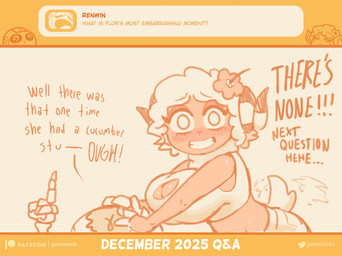 2_horns accessory big_breasts blush blush_stickers bone bottomwear breasts cleavage cleavage_cutout clothed clothing curled_horn cutout duo eyebrow_through_hair eyebrows eyelashes female fingers flower flower_in_hair gesture grin hair hair_accessory hand_gesture horn looking_at_viewer plant q&a raised_finger raised_index_finger simple_background skeleton smile tail tail_motion tailwag text topwear translucent translucent_hair gammainks flor_(gammainks) gamma_(gammainks) animated_skeleton bovid caprine mammal sheep undead 2025 absurd_res artist_name digital_media_(artwork) english_text hi_res monochrome orange_monochrome