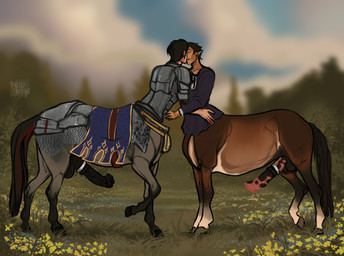accessory animal_genitalia animal_penis armor balls black_hair brown_body brown_fur cock_ring equine_genitalia equine_penis erection fur genitals grey_body grey_fur hair jewelry kissing leg_markings male markings penis penis_accessory penis_jewelry sheath socks_(marking) tail prettynetting european_mythology greek_mythology mythology anthalus_(drakengarth) fionn_(drakengarth) centaur equid equid_taur equine humanoid_taur mammal mammal_taur taur thoroughbred hi_res