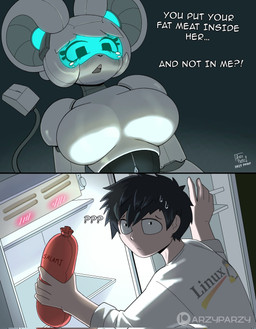 anthro appliance big_breasts black_hair blush breasts clothing dialogue featureless_breasts female food fridge grey_body hair holding_sausage kitchen_appliance looking_down looking_up machine male meat open_mouth sausage shirt short_hair simple_background surprised tail text topwear white_clothing white_shirt white_topwear arzy_parzy linux r-mony_(arzy_parzy) tux_(linux) human mammal mouse murid murine robot rodent 2026 comic digital_media_(artwork) english_text hi_res