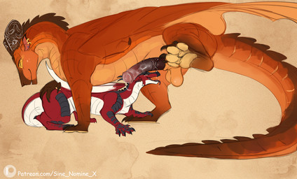 animal_genitalia animal_penis balls big_penis black_body black_claws black_horn bodily_fluids brown_body brown_horn butt butt_grab claws cum cum_drip cum_on_penis dripping duo ear_piercing equine_genitalia equine_penis erection eyes_closed female feral feral_on_feral genital_fluids genitals hand_on_butt horn knot knotted_penis long_tail looking_pleasured male male/female membrane_(anatomy) membranous_wings nude one_leg_up open_mouth orange_body pawpads penis piercing raised_leg red_body saliva size_difference smile spikes spikes_(anatomy) standing tail tongue tongue_out wings yellow_pawpads sine_nomine_x mythology wings_of_fire dragon mudwing_(wof) mythological_creature mythological_scalie scalie skywing_(wof) 2025 colored_sketch digital_drawing_(artwork) digital_media_(artwork) hi_res sketch