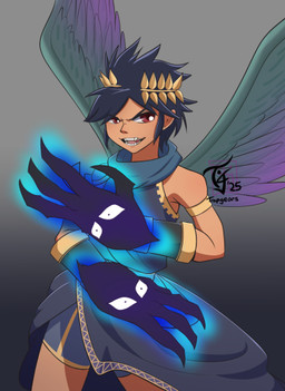 black_body blue_fire brown_body brown_skin claw_(weapon) clothing colored_fire female fire laurel_wreath male melee_weapon red_eyes shirt solo topwear tunic weapon wings trapgears dark_pit pandora_(kid_icarus) angel animate_inanimate deity elemental_creature fire_creature ghost humanoid living_weapon spirit
