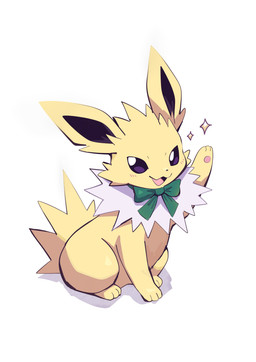 :3 ambiguous_feral ambiguous_gender black_inner_ear bow_ribbon feral fur looking_at_viewer open_mouth pawpads paws purple_eyes quadruped raised_paw ruff short_tail simple_background sitting solo tail white_background white_body white_fur yellow_body yellow_fur komanyachi nintendo pokemon eeveelution generation_1_pokemon jolteon pokemon_(species) 2025 absurd_res digital_media_(artwork) hi_res