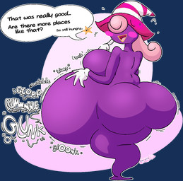 after_eating asking_for_food belly big_belly big_breasts big_butt bloated blush blush_stickers breasts butt clothing eyeless female gloves hair hand_on_belly handwear hat hat_only headgear headgear_only headwear headwear_only huge_belly huge_butt hyper hyper_belly looking_at_viewer looking_back looking_back_at_viewer mostly_nude not_furry onomatopoeia overweight overweight_female overweight_humanoid pink_hair purple_body rear_view rumbling_stomach solo sound_effects speech_bubble split_form stuffing talking_to_viewer text white_clothing white_gloves white_handwear witch_hat blahblah866 mario_bros nintendo paper_mario paper_mario:_the_thousand_year_door vivian_(mario) humanoid shadow_siren 2025 alpha_channel digital_media_(artwork) english_text signature
