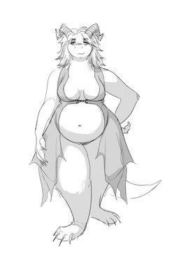 anthro big_breasts biped breasts claws clothed clothed_anthro clothed_female clothing female female_anthro front_view fur horn looking_at_viewer navel pose simple_background skimpy slightly_chubby solo standing tail eluven mythology sara_(eluven) badger dragon hybrid mammal mustelid musteline mythological_creature mythological_scalie scalie 2026 cel_shading digital_drawing_(artwork) digital_media_(artwork) full-length_portrait greyscale hi_res monochrome portrait shaded