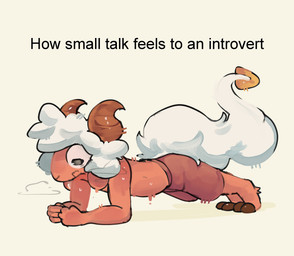 2_horns anthro bodily_fluids bottomwear breath brown_body brown_bottomwear brown_clothing brown_fur brown_shorts clothing fluffy fluffy_tail fur hooves horn male planking shorts solo sweat tail text white_body white_fur androdraw cornelio_(androdraw) bovid caprine mammal sheep english_text hi_res