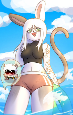 anthro arm_tattoo beach black_clothing bottomwear breasts clothed clothing cloud duo female female_anthro fur green_eyes grey_body hair inflatable inner_tube long_hair looking_at_viewer low-angle_view male male/female midriff navel open_mouth outside partially_submerged pool_toy sea shirt shorts sky smile solo swimwear tail tattoo teeth tongue tongue_out topwear water white_body white_fur white_hair neo_arts kisa_(nervous_lotus) porsche_(porscherelax) domestic_cat felid feline felis hybrid lagomorph leporid mammal rabbit absurd_res digital_media_(artwork) hi_res meme