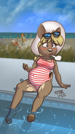 anthro beach bikini breasts clothing feet female hat headgear headwear one-piece_swimsuit pregnant swimming_pool swimwear two-piece_swimsuit tvma rosana_(tvma) deer mammal 2025