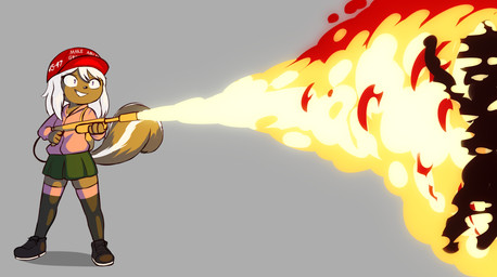 absolute_territory ambiguous_gender anthro bottomwear burning clothing constricted_pupils dark_humor duo dying female fire flamethrower fluffy fluffy_tail grin hair hoodie humor killing light long_hair m9-7 maga_hat markings painful_death pupils purple_eyes ranged_weapon sadism sadistic_smile skirt small_pupils smile striped_markings striped_tail stripes tail tail_markings topwear weapon white_hair e254e skunkette mammal mephitid skunk absurd_res hi_res